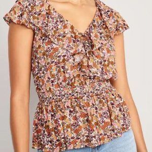 Disty Floral Print Waist-Defined Ruffle-Trim Top
